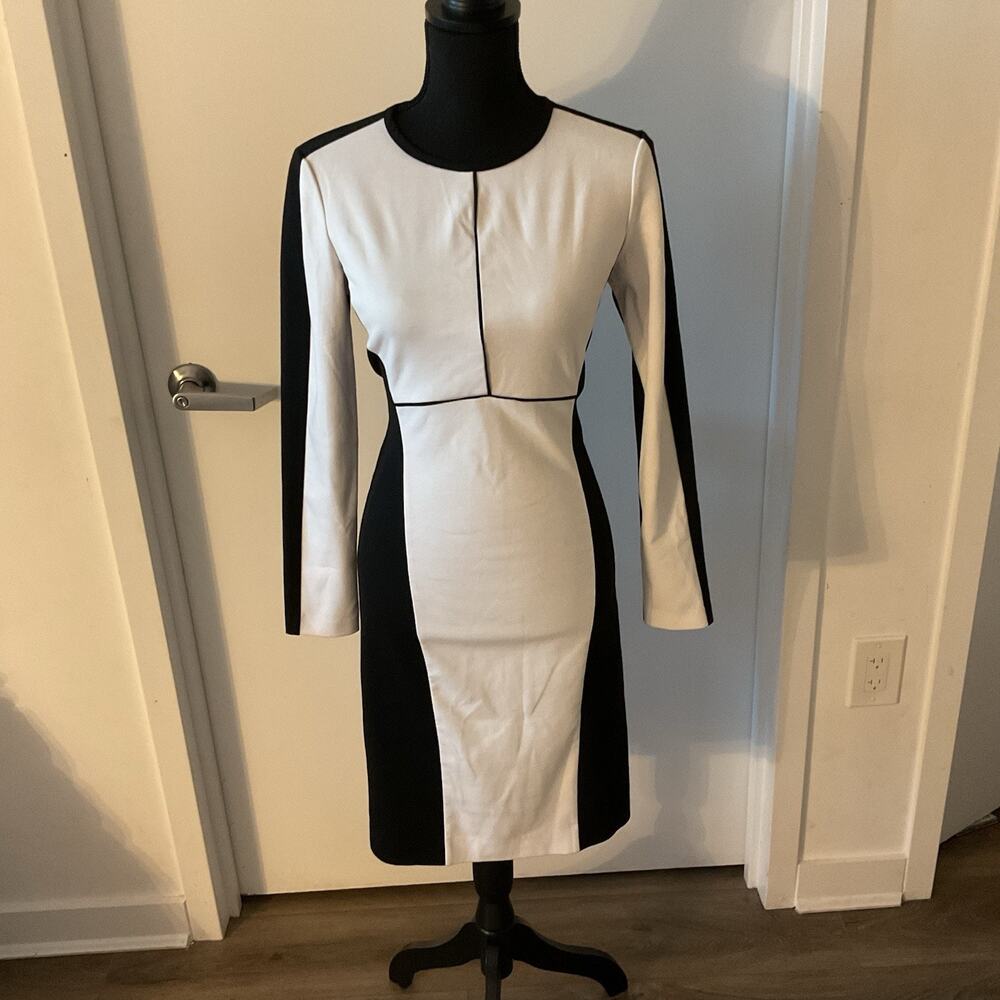 Narciso Rodriguez Black & White Colorblock Long Sleeve Ponte Bodycon Dress